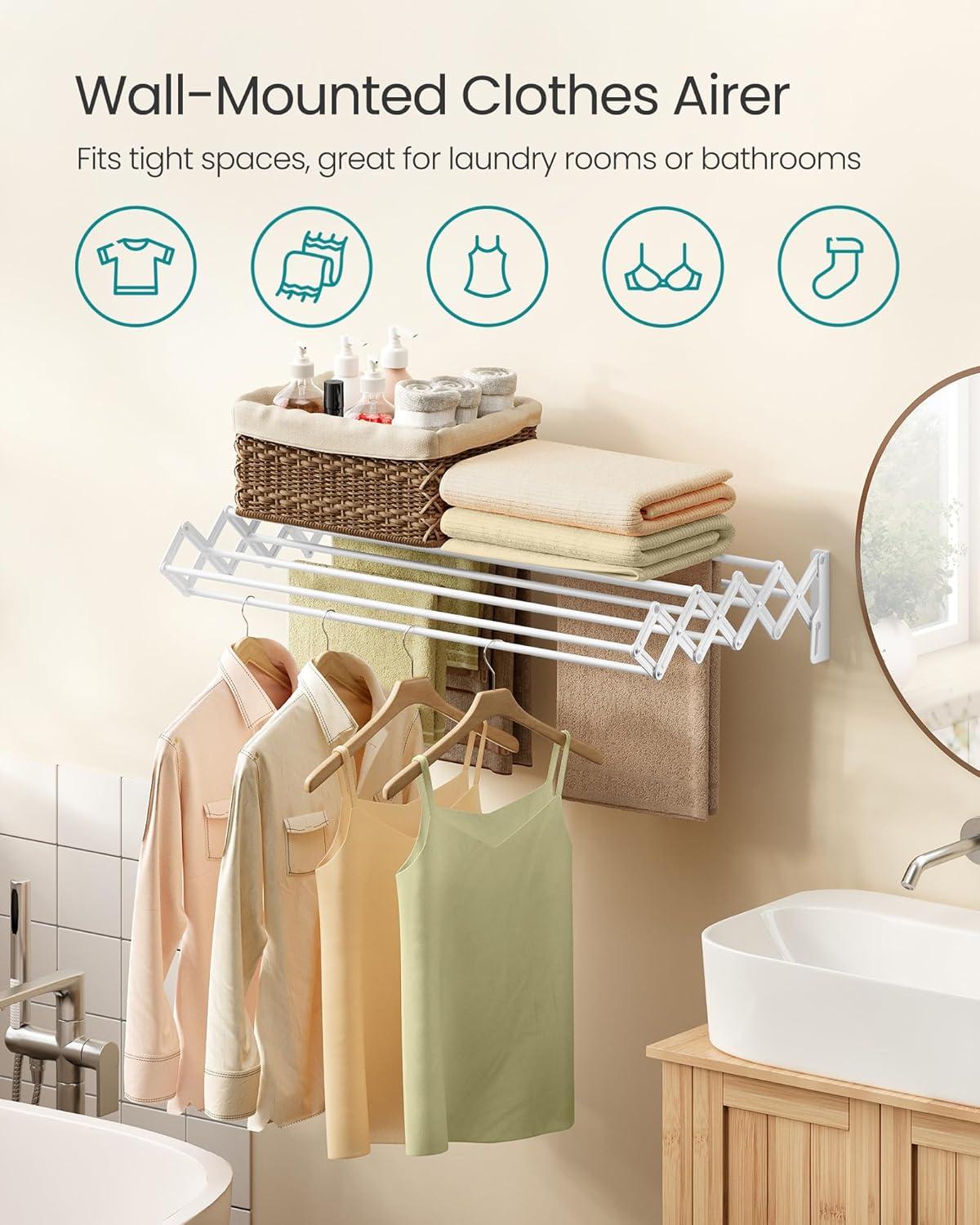 imageSONGMICS Clothes Drying Rack WallMounted Drying Rack Clothing Small Accordion Laundry Rack 9 Staggered Hanging Rods Expandable and Retractable Cloud White ULLR802W01Cloud White