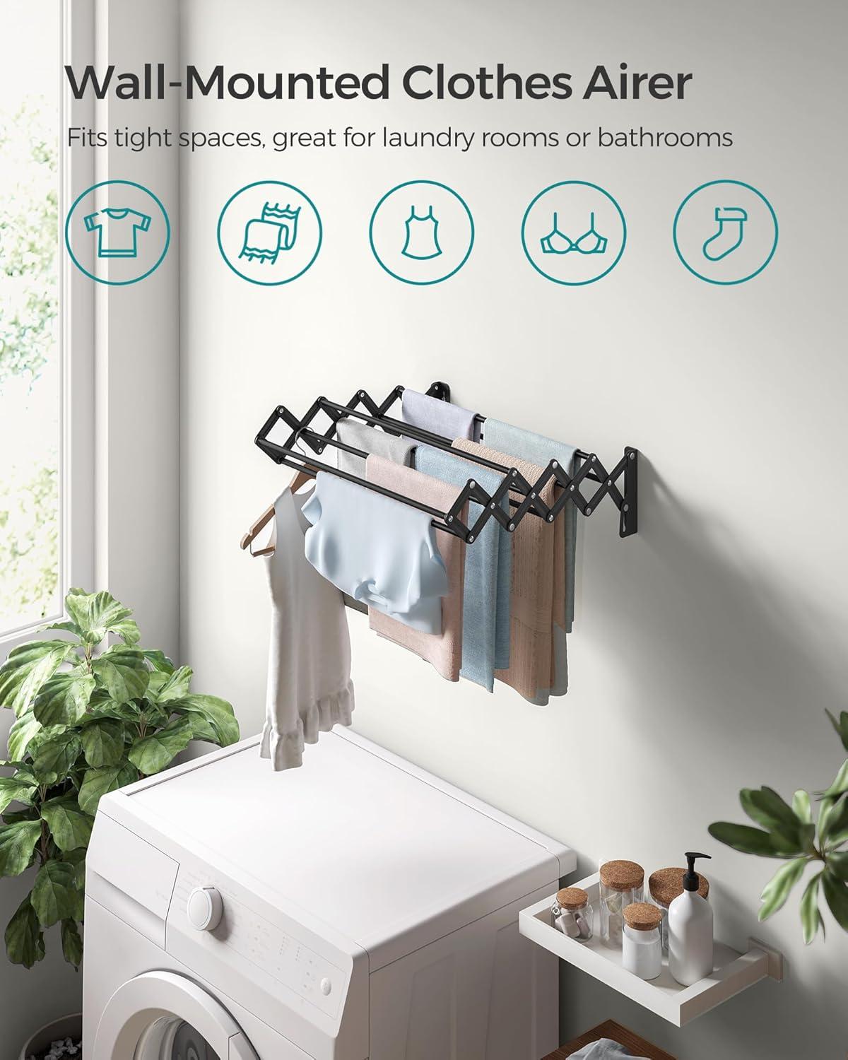 imageSONGMICS Clothes Drying Rack WallMounted Drying Rack Clothing Small Accordion Laundry Rack 9 Staggered Hanging Rods Expandable and Retractable Cloud White ULLR802W01Ink Black