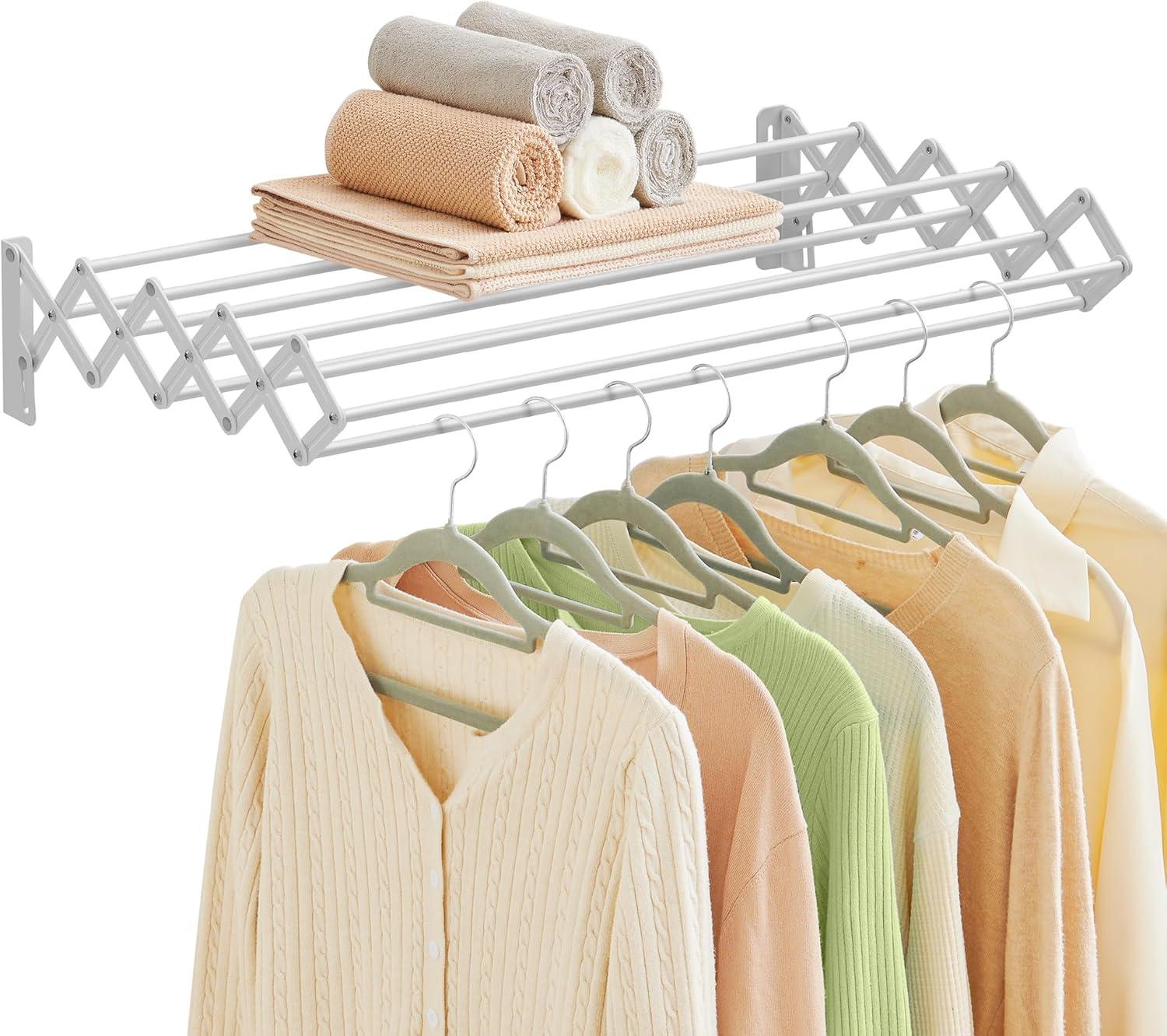 imageSONGMICS Clothes Drying Rack WallMounted Drying Rack Clothing Small Accordion Laundry Rack 9 Staggered Hanging Rods Expandable and Retractable Cloud White ULLR802W01Cloud White