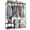 imageSONGMICS Clothes Rack Iron and Wood Wardrobe Closet Organizer Heavy Duty Garment Rack with Hanging Rods Closet Shelves Removable Hooks 157 x 372 x 709 Inches Rustic Brown URGR004B01Black