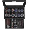 imageSONGMICS Watch Box 12Slot Watch Case Organizer with Large Glass Lid 2 Layers Removable Pillows Metal Lock Gift for Loved Ones Brown Synthetic Leather Brown Lining UJWB012K01Black  Black