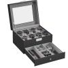 imageSONGMICS Watch Box 12Slot Watch Case Organizer with Large Glass Lid 2 Layers Removable Pillows Metal Lock Gift for Loved Ones Brown Synthetic Leather Brown Lining UJWB012K01Black  Greenish Gray