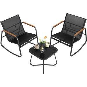 imageSONGMICS 3Piece Patio Furniture Set Garden Coversation Set 2 Rocking Chairs Table Outdoor Lawn Backyard Steel with Armrests Breathable Synthetic Fabric Ink Black UGGF0027B01Ink Black