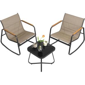 imageSONGMICS 3Piece Patio Furniture Set Garden Coversation Set 2 Rocking Chairs Table Outdoor Lawn Backyard Steel with Armrests Breathable Synthetic Fabric Ink Black UGGF0027B01Yellowish Brown