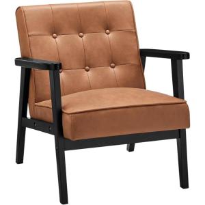 imageSONGMICS Accent Leisure Chair MidCentury Modern Arm Chair with Solid Wood Armrests and Legs 1Seat Cushioned Sofa for Living Room Bedroom Balcony Studio Classic Black ULAC001B01Coffee Brown