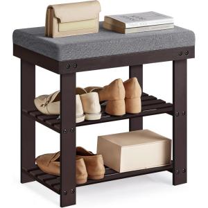 imageSONGMICS Bamboo Shoe Bench 3Tier Shoe Rack Organizer for Entryway Living Room Bench Seat Holds Up to 300 lb 119 x 283 x 192 Inches Cloud White and Slate Gray ULBS604W01Rustic Walnut  Slate Gray