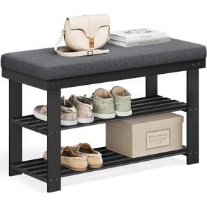 imageSONGMICS Bamboo Shoe Bench 3Tier Shoe Rack Organizer for Entryway Living Room Bench Seat Holds Up to 300 lb 119 x 283 x 192 Inches Cloud White and Slate Gray ULBS604W01Ink Black  Slate Gray