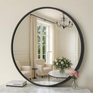 imageSONGMICS Bathroom Round Mirror for Wall 24 Inches Black Circle MirrorMetal Framefor Bathroom Over Sink Living Room Bedroom Entryway Hallway Ink Black ULWM102B01Ink Black