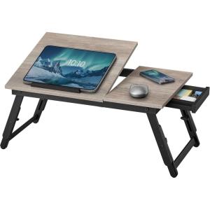 imageSONGMICS Bed Laptop Desk Folding Bed Tray for Laptop up to 156 Inches Adjustable Angle and Height Portable for Working Reading Writing Breakfast Bamboo Legs Drawer Heather Greige ULLD105W01Heather Greige