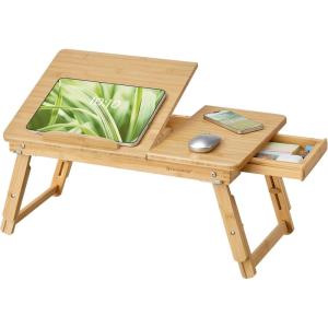 imageSONGMICS Bed Laptop Desk Folding Bed Tray for Laptop up to 156 Inches Adjustable Angle and Height Portable for Working Reading Writing Breakfast Bamboo Legs Drawer Heather Greige ULLD105W01Light Bamboo