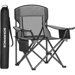 imageSONGMICS Camping Chair Folding Oversized Chair Comfortable and HeavyDuty 352 lb Weight Capacity Adjustable Armrests with Cooler Bag Storage Bag Breathable Mesh Bijou Blue UGCB060Q01Slate Gray