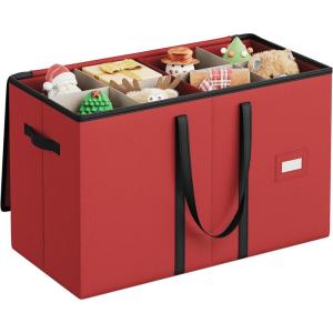 imageSONGMICS Christmas Figurine Storage Box for 15Inch Figurines and Nutcrackers Holiday Decor Organizer with Adjustable Dividers 8 Slots and 2 Pockets Dual Zippers Cherry Red URFB041R01Cherry Red