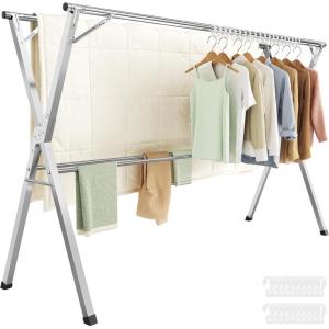 imageSONGMICS Clothes Drying Rack HeavyDuty Laundry Drying Rack 563937 Inches Extendable Foldable Freestanding Airer Stainless Steel for Indoor Outdoor Use Dove Gray ULLR903E01524787W