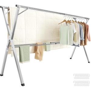 imageSONGMICS Clothes Drying Rack HeavyDuty Laundry Drying Rack 563937 Inches Extendable Foldable Freestanding Airer Stainless Steel for Indoor Outdoor Use Dove Gray ULLR903E01563937W