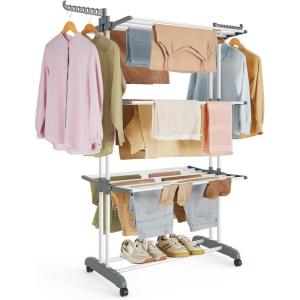 imageSONGMICS Clothes Drying Rack Stand 4Tier Foldable Laundry Drying Rack 681Inch Tall Steel Rolling Clothes Horses Dryer Rack Easy to Assemble Indoor Outdoor Use Dove Gray ULLR701G01White  Gray