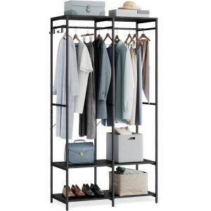 imageSONGMICS Clothes Rack Iron and Wood Wardrobe Closet Organizer Heavy Duty Garment Rack with Hanging Rods Closet Shelves Removable Hooks 157 x 372 x 709 Inches Rustic Brown URGR004B01Black