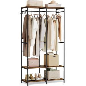 imageSONGMICS Clothes Rack Iron and Wood Wardrobe Closet Organizer Heavy Duty Garment Rack with Hanging Rods Closet Shelves Removable Hooks 157 x 372 x 709 Inches Rustic Brown URGR004B01Rustic Brown