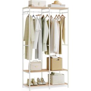 imageSONGMICS Clothes Rack Iron and Wood Wardrobe Closet Organizer Heavy Duty Garment Rack with Hanging Rods Closet Shelves Removable Hooks 157 x 372 x 709 Inches Rustic Brown URGR004B01Natural Beige