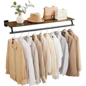 imageSONGMICS Clothes Rack with Top Shelf Wall Mounted Clothing Rack with Hanging Rod Loads up to 77 lb 11 x 429 x 52 Inches Entryway Bedroom Closet Rustic Brown and Ink Black UHSR135B01Rustic Brown  Ink Black