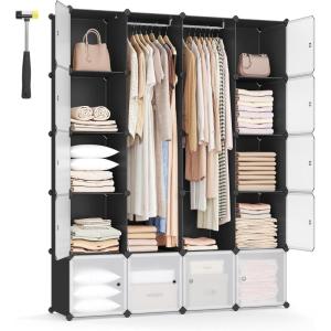 imageSONGMICS Cube Storage Organzier Portable Wardrobe Closet 12 Cubes DIY Plastic Armoire Cabinet Modular Shelves Unit with Doors and Hanging Rods for Bedroom Black ULPC301B01