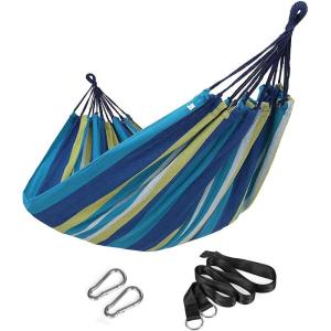 imageSONGMICS Double Hammock 984 x 591 Inches 660 lb Load Capacity with Compression Bag Mounting Straps Carabiners for Terrace Balcony Garden Outdoor Camping Gray UGDC15GYBlue  Yellow Stripes