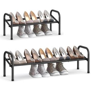 imageSONGMICS Expandable Shoe Rack 2 Tier Shoe Rack Shelf Adjustable Shoe Organizer Storage for 15 Pairs of Shoes Metal Free Standing Shoe Racks for Closet Front Door Entryway Easy Assembly Ink BlackInk Black
