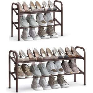 imageSONGMICS Expandable Shoe Rack 2 Tier Shoe Rack Shelf Adjustable Shoe Organizer Storage for 15 Pairs of Shoes Metal Free Standing Shoe Racks for Closet Front Door Entryway Easy Assembly Ink BlackBronze