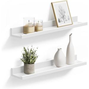 imageSONGMICS Floating Shelves Set of 2 Wall Shelves Ledge 236 x 39 Inches with Front Edge for Picture Frames Books Spice Jars Living Room Bathroom Kitchen Easy Assembly White ULWS60WT236W
