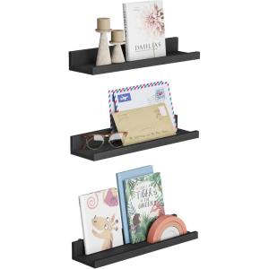 imageSONGMICS Floating Shelves Set of 3 Wall Shelves 236Inch Wide for Photo Frames and Trinkets for Living Room Home Office Kitchen Bathroom White ULWS061W01Black