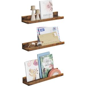 imageSONGMICS Floating Shelves Set of 3 Wall Shelves 236Inch Wide for Photo Frames and Trinkets for Living Room Home Office Kitchen Bathroom White ULWS061W01Rustic Brown