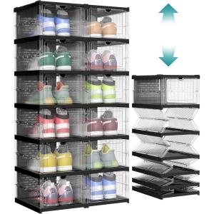 imageSONGMICS Foldable Shoe Boxes Pack of 18 Stackable Shoe Storage Organizer Set of 3 Integraed Shoe Cabinets Portable Fit up to US size 13 60s Assembly Transparent and Ink Black ULSP207B01Transparent  Ink Black