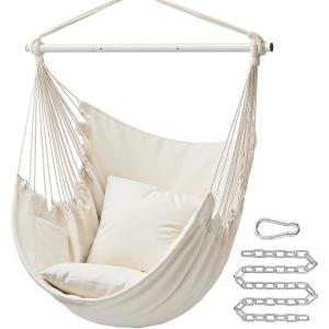 imageSONGMICS Hammock Chair Load Capacity 500 lb Hanging Chair with 2 Cushions Large Hammock Swing with Chain and Pocket for Indoor Outdoor Living Room Bedroom Cream White UGDC197M01Cream White