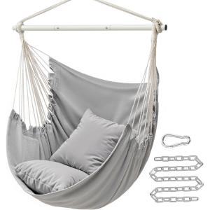 imageSONGMICS Hammock Chair Load Capacity 500 lb Hanging Chair with 2 Cushions Large Hammock Swing with Chain and Pocket for Indoor Outdoor Living Room Bedroom Cream White UGDC197M01Dove Gray