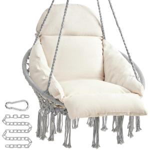 imageSONGMICS Hanging Chair Hammock Chair with Large Thick Cushion Boho Swing Chair for Bedroom Patio Balcony Garden Holds up to 264 lb Accessories Included Cream White and Dove Gray UGDC042G01Dove Gray  Cream White