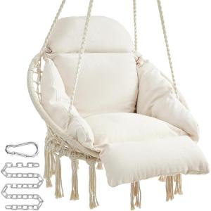 imageSONGMICS Hanging Chair Hammock Chair with Large Thick Cushion Boho Swing Chair for Bedroom Patio Balcony Garden Holds up to 264 lb Accessories Included Cream White and Dove Gray UGDC042G01Cloud White