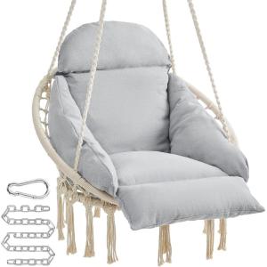 imageSONGMICS Hanging Chair Hammock Chair with Large Thick Cushion Boho Swing Chair for Bedroom Patio Balcony Garden Holds up to 264 lb Accessories Included Cream White and Dove Gray UGDC042G01Cloud White  Gray
