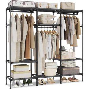 imageSONGMICS Heavy Duty Clothes Rack 65 Inch Freestanding Portable Wardrobe with Hanging Rails and Shelves Total Load 242 lb Easy Assembly for Cloakroom Bedroom Black URDR201B023Row without Cover