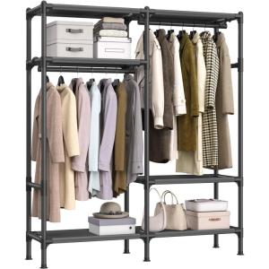 imageSONGMICS Heavy Duty Clothes Rack 65 Inch Freestanding Portable Wardrobe with Hanging Rails and Shelves Total Load 242 lb Easy Assembly for Cloakroom Bedroom Black URDR201B022Row without Cover