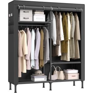 imageSONGMICS Heavy Duty Clothes Rack 65 Inch Freestanding Portable Wardrobe with Hanging Rails and Shelves Total Load 242 lb Easy Assembly for Cloakroom Bedroom Black URDR201B022Row with Cover