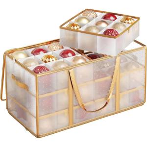 imageSONGMICS Large Christmas Decoration Storage Box 4Inch 54 Slots Plastic Christmas Bauble Storage Box with Lid Dual Zippers 6 Trays Side Handles Cherry Red URFB030T01Sandy Gold