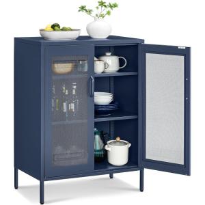 imageSONGMICS Metal Storage Cabinet with Mesh Doors Steel Display Cabinets with Adjustable Shelves for Bathroom Home Office Black UOMC002B01Midnight Blue