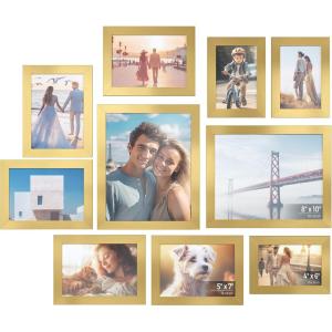 imageSONGMICS Picture Frames Collage Picture Frames Set of 10 Two 8x10 Four 5x7 Four 4x6 Photo Frame for Wall Gallery Decor Table Display Glass Rustic Brown URPF010X01Pale Gold