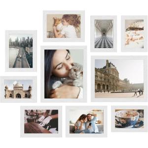 imageSONGMICS Picture Frames Collage Picture Frames Set of 10 Two 8x10 Four 5x7 Four 4x6 Photo Frame for Wall Gallery Decor Table Display Glass Rustic Brown URPF010X01Cloud White