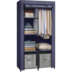 imageSONGMICS Portable Closet Clothes Storage Organizer with 10 Shelves 1 Clothes Hanging Rail NonWoven Fabric Closet Metal Frame 51 x 177 x 661 Inches Grey URYG93GDark Blue