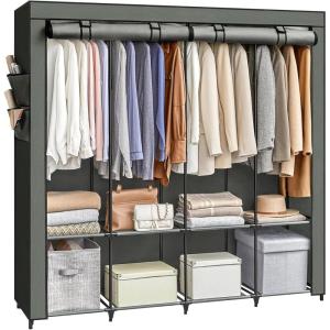 imageSONGMICS Portable Closet Wardrobe Closet Organizer with Cover 4 Hanging Rods and Shelves 4 Side Pockets 669 x 177 x 657 Inches Large Capacity for Bedroom Living Room Gray URYG094G02Sage Green