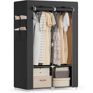 imageSONGMICS Portable Closet Wardrobe Closet Organizer with Cover 4 Hanging Rods and Shelves 4 Side Pockets 669 x 177 x 657 Inches Large Capacity for Bedroom Living Room Gray URYG094G02Ink Black