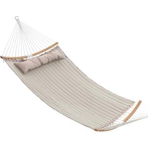 imageSONGMICS Quilted Hammock with Curved Bamboo Spreaders Pillow 787 x 551 Inches Holds up to 495 lb Blue and Beige Rhombus UGDC034I02Cream  Beige