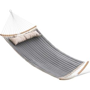 imageSONGMICS Quilted Hammock with Curved Bamboo Spreaders Pillow 787 x 551 Inches Holds up to 495 lb Blue and Beige Rhombus UGDC034I02Gray  Beige
