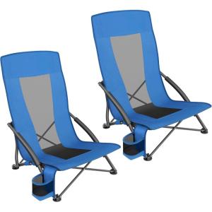 imageSONGMICS Set of 2 Portable Beach Chairs for Adults Max Load 330 lb Each High Backrest Cup Holder Lightweight HeavyDuty Black UGCB067B01V1Blue