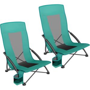 imageSONGMICS Set of 2 Portable Beach Chairs for Adults Max Load 330 lb Each High Backrest Cup Holder Lightweight HeavyDuty Black UGCB067B01V1Green
